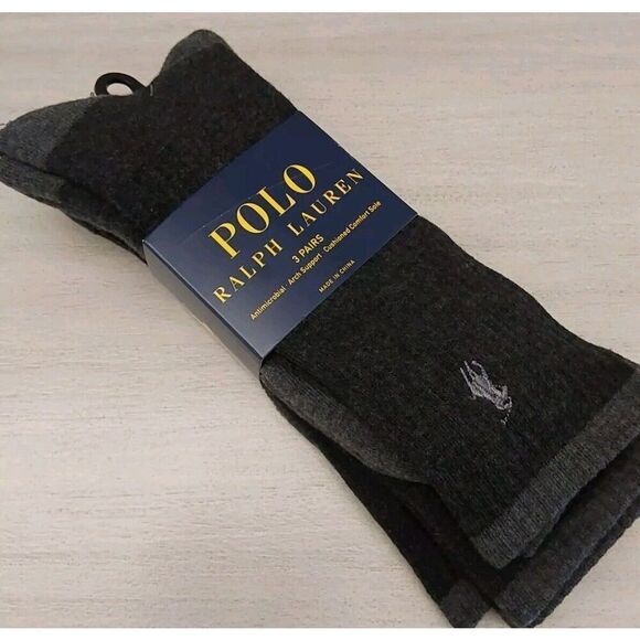 Polo Ralph Lauren Mens Premium Comfort Black Heather 3-Pack Crew Socks Sz 10-13 - Picture 2 of 6